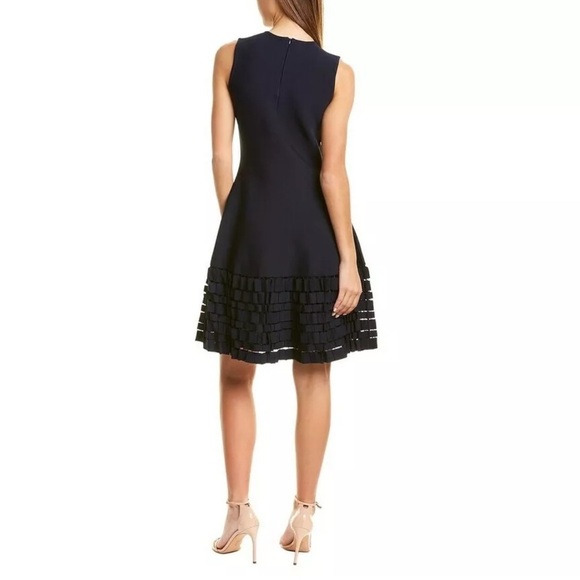 Lela Rose Accordion Lasercut Knit Viscose Fit and Flare Dress in Navy - Picture 3 of 10